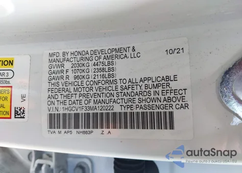 2021 Honda Accord Sport from USA, damaged, VIN 1HGCV1F33MA120222